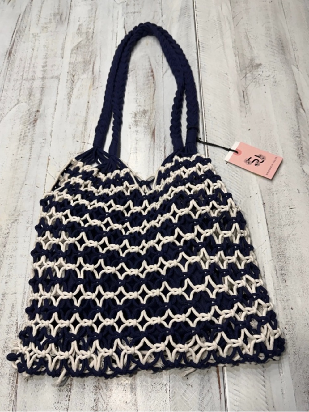 Sincerely Jules navy and white macramé tote Market Beach NWT